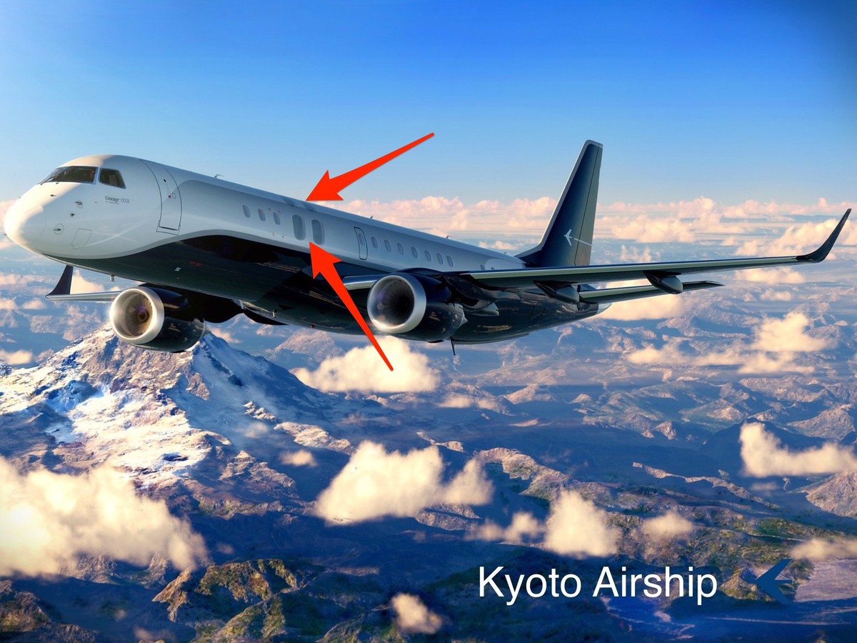 Kyoto Airship dự kiến sẽ là một trong những  máy bay siêu sang đầu tiên sở hữu thiết kế lạ với hệ thống cửa sổ trần độc nhất.